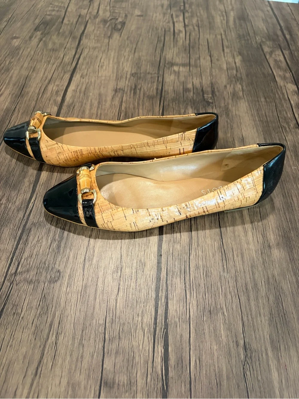 TALBOTS Cork Bamboo Ballet Flats 9 Patent Leather Black Workwear Casual Luxury